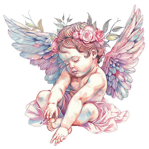 Detailed illustration of a cherub tattoo design in soft pastel colors, on white background