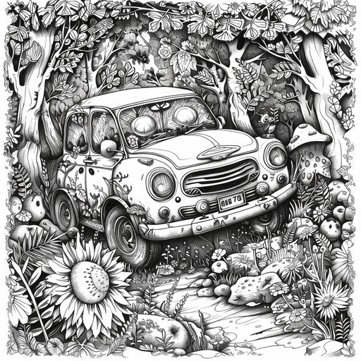 Whimsical car in a magical forest