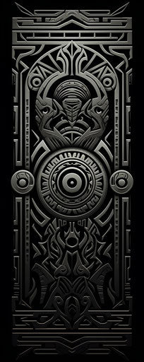 Black tribal designs on album cover with frame, black and white realism 37:93