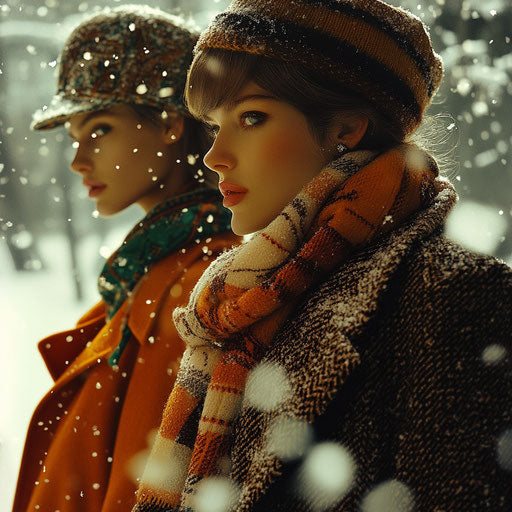 Winter fashion scene with stylish coats and scarves under softly falling snow