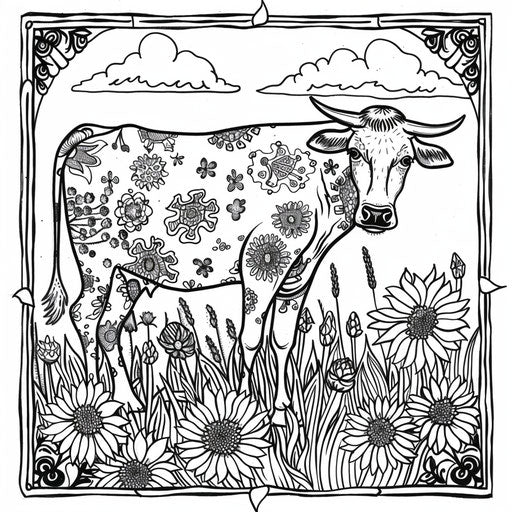 Cow grazing in a meadow with flowers in the style of Teagan White Coloring book page