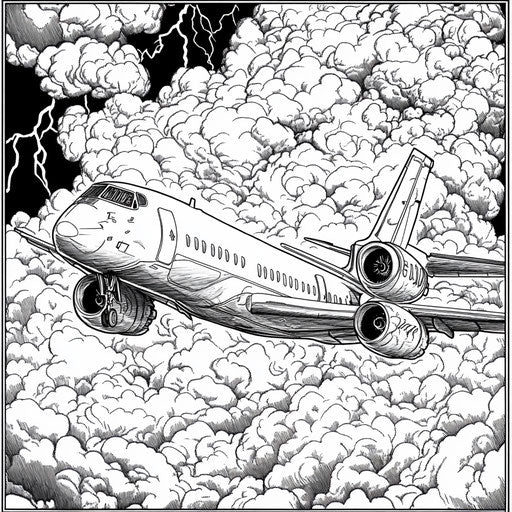 Jet flying in stormy sky with lightning and dark clouds, Jen Bartel style, coloring book page
