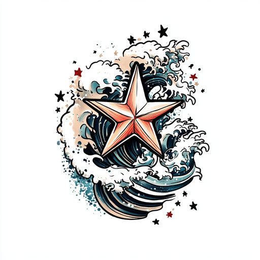 Star tattoo on hand with Japanese ukiyo-e wave pattern