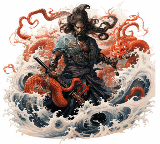 Samurai with octopus tattoo, intense movement expression