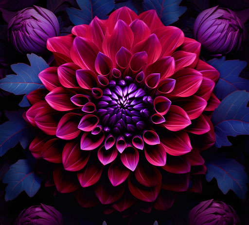 Dark red dahlia flower on green leaves, in navy and magenta style, pretty 29:26