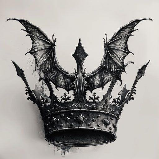 Gothic style king crown tattoo with bat wings