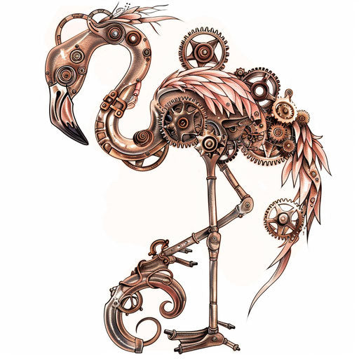 Steampunk flamingo tattoo design with gears and pipes in bronze tones on white background