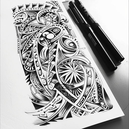 Detailed black ink drawing of Polynesian tribal tattoo sleeve