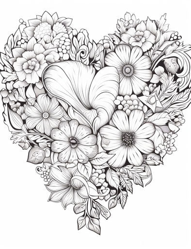 Heart-shaped coloring page, floral style in black and white