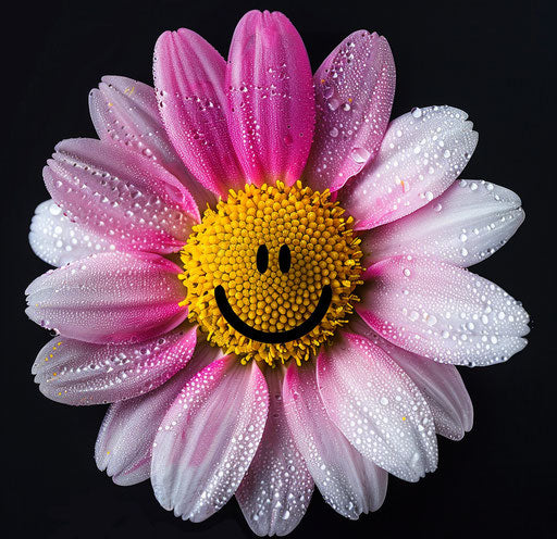 Pink and white smiley face flower clipart, black background