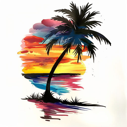 Silhouetted palm tree on vibrant sunset