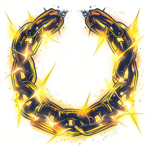 Electric chain tattoo with bright lightning bolts on white