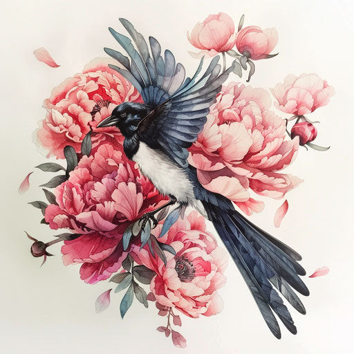 Stylish watercolor tattoo sketch featuring a magpie among peonies