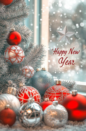 New year card with silver and red decorations