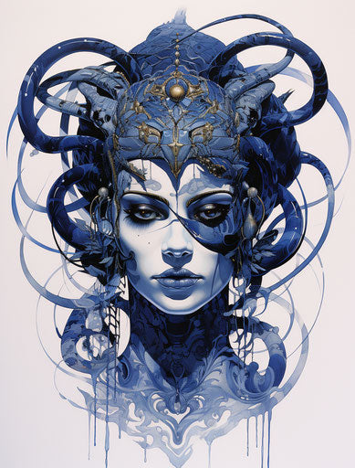 Egyptian head with snakes, indigo and blue style, transfixing marine scenes