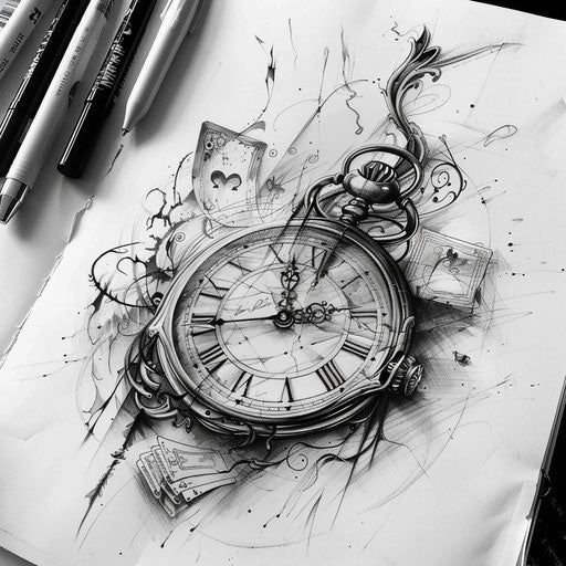Sketch for a pocket watch and card soldiers tattoo on a white sketchbook page