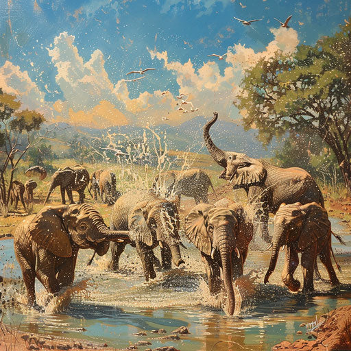 Young elephants playing in water under the hot sun