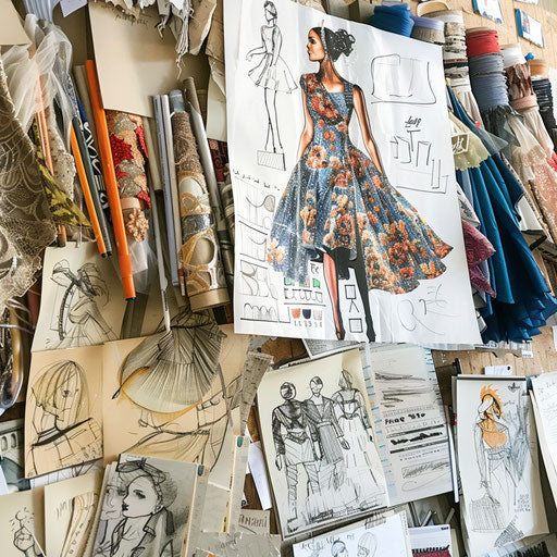 Creating fashion designer images in studio with fabrics and sketches