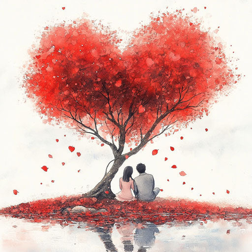 Heart-shaped tree with red leaves, smiling couple