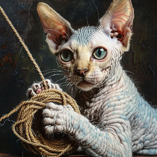 Cornish rex cat playing with yarn