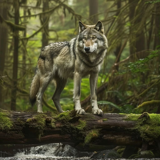 Majestic wolf on a moss-covered log over a bubbling brook in a thick forest