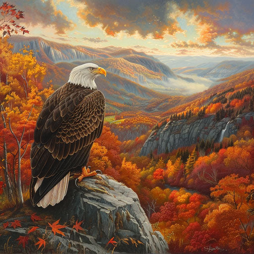 Bald eagle perched on high vantage point, autumn valley view