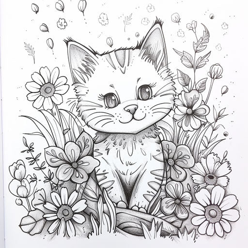 Whimsical kitten in a floral meadow Teagan White style coloring