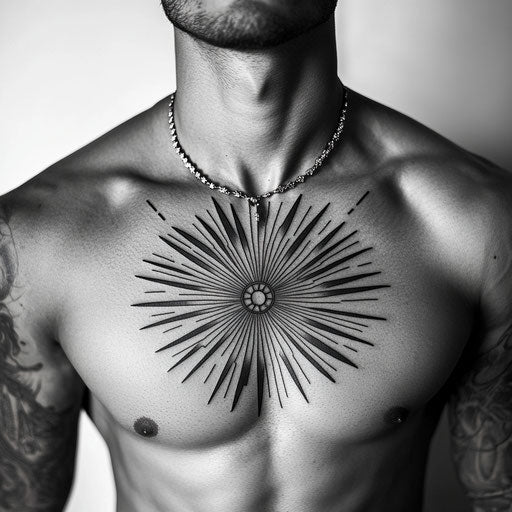 Mandala tattoo men bold black and grey lines forming sunburst design