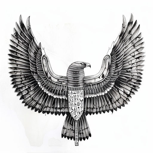 Ancient Egyptian style wings tattoo artwork with hieroglyphic details