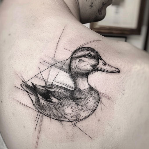 Duck tattoo old master sketch style, fine lines dramatic shading on white background