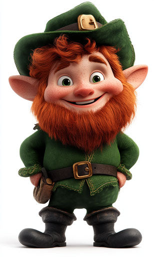 Cheerful leprechaun in green and black on white background