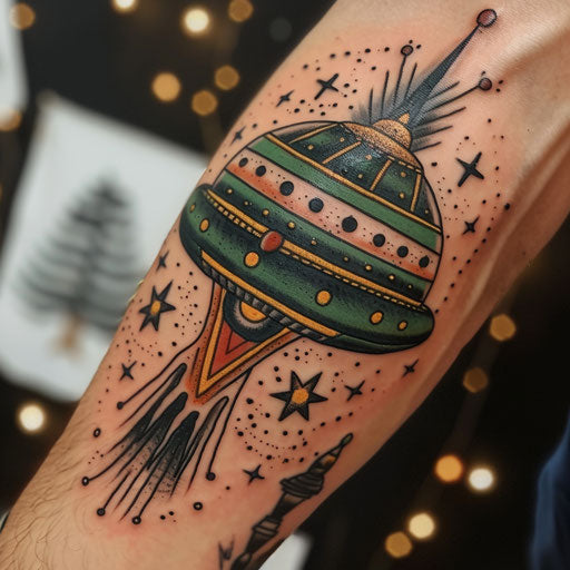 Nostalgic tattoo sketch of a retro UFO near Earth in classic green and black