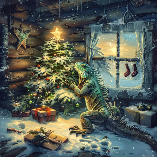 Holiday decoration with iguana in snow-covered cabin
