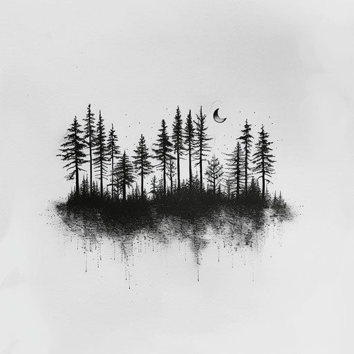 Minimalist forest tattoo design, row of pine trees under the moon