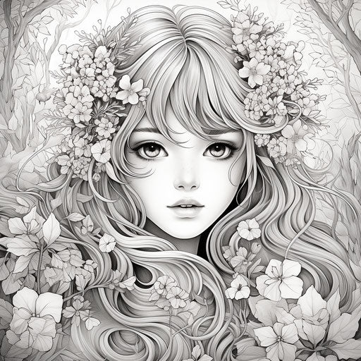 Anime fairy coloring page with flowers and trees