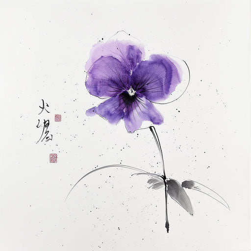 Stylized Japanese ink painting of a violet flower tattoo