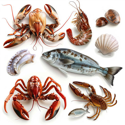 Highly realistic seafood clipart on flat white background
