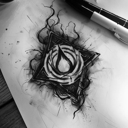 Mystical flat tattoo sketch of an occult chaos symbol surrounded by ethereal mist