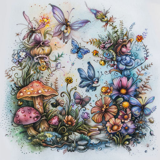 Whimsical tattoo sketch for cross stitch with fairy tale characters in pastel colors