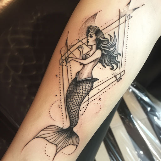 Art deco mermaid tattoo, sleek lines and geometric patterns