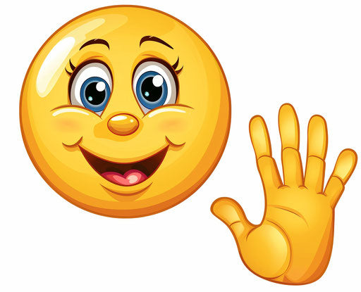 Smiling female smiley face with hand waving, clip art style, white background 31:25