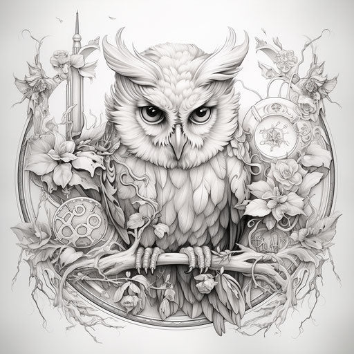 Adult coloring book with round owl and symbols