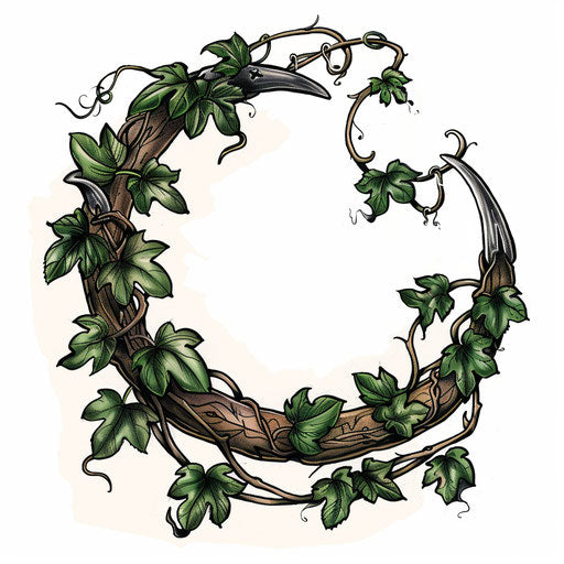 Sketch of horseshoe entwined with green ivy vines in tattoo style