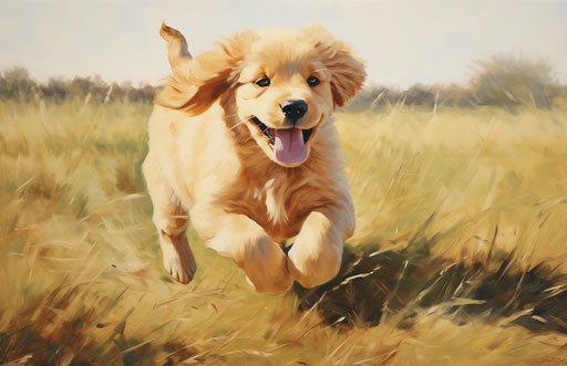 Golden retriever puppy running in a field on the lawn