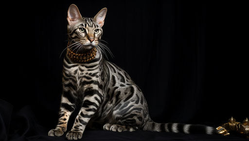Bengal cat in dark style with indigenous motifs, marbled.