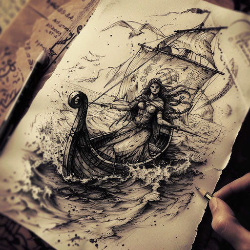 Rustic flat tattoo sketch of Freya in a Viking longship on the stormy sea