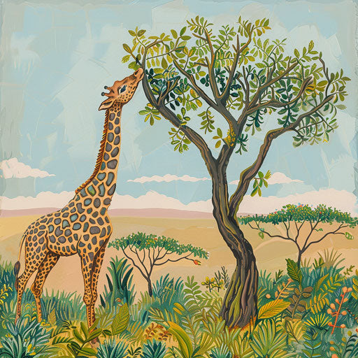 The giraffe reaching for the highest leaves on an acacia tree