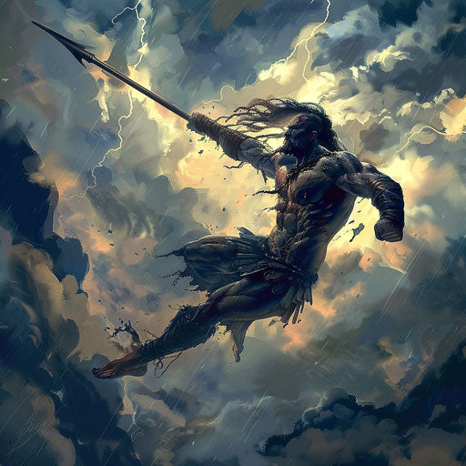 Dynamic tattoo sketch of Baldur mid-leap with a spear