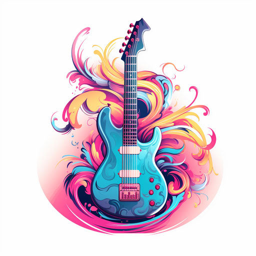 Electric guitar with flaming flames and blank plaque, light pink and light blue tattoo style