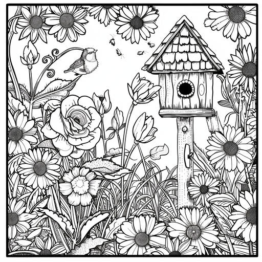Garden scene with birdhouse and flowers. Coloring book page